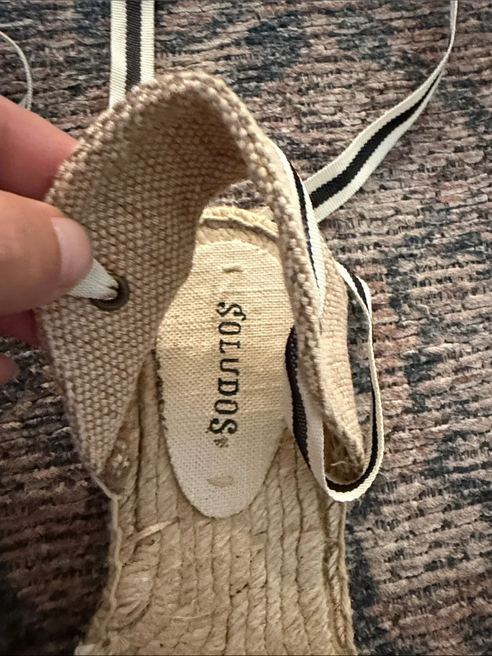 Soludos Black Canvas Espadrille Lace-Up Flats with Cream Trim
